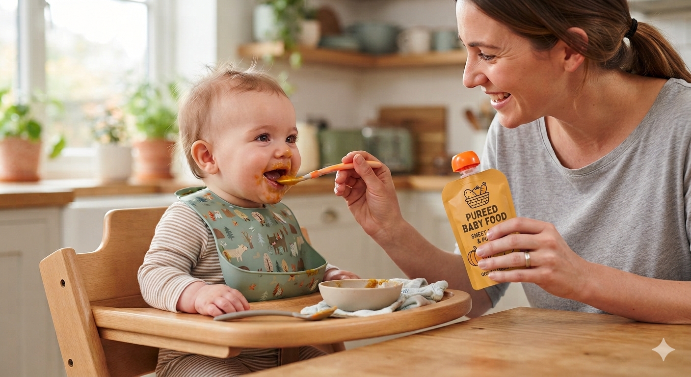 A parent spoon-feeding a smiling baby in a high chair